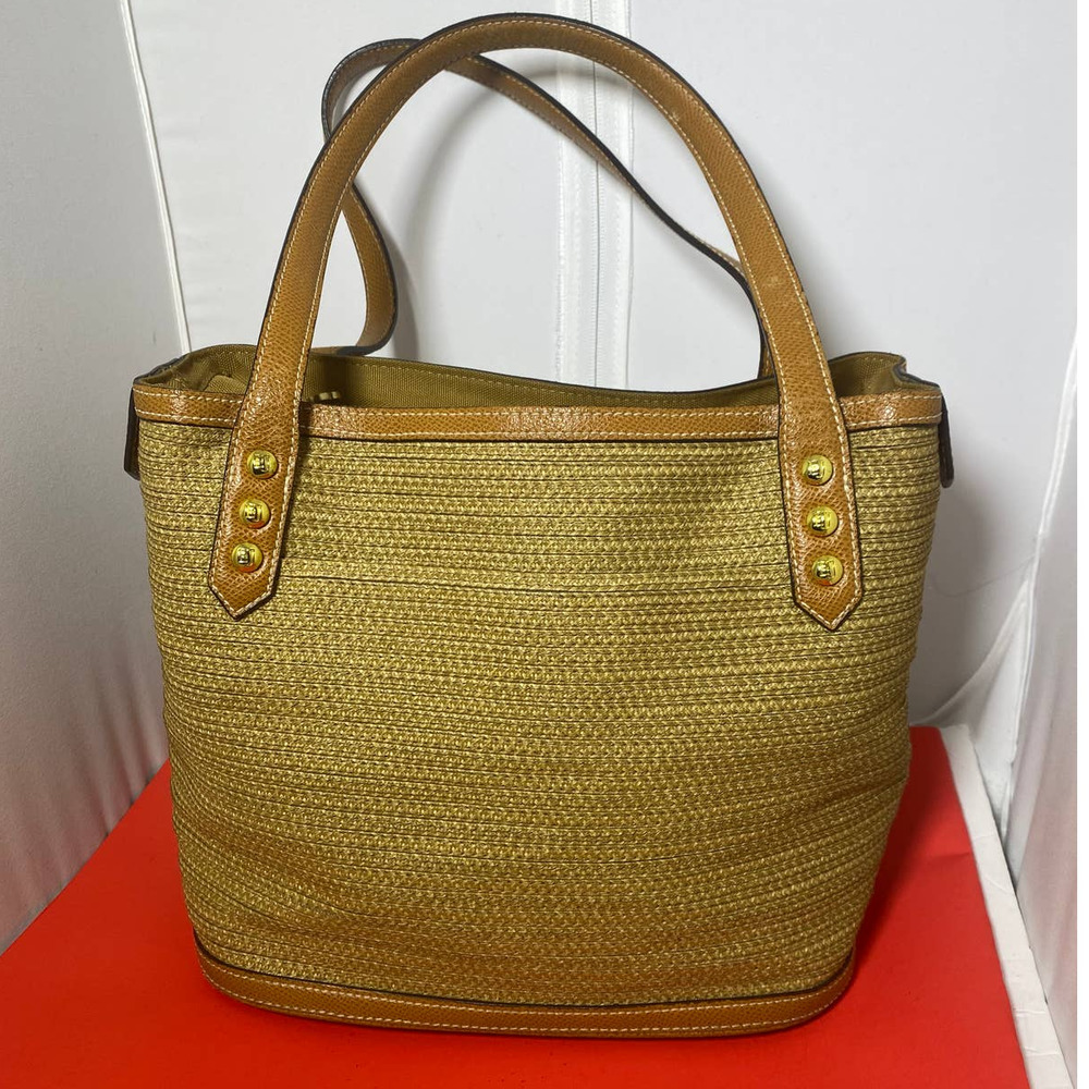 Eric Javits New York designer shoulder Bag Natural Straw Leather Strap Boho